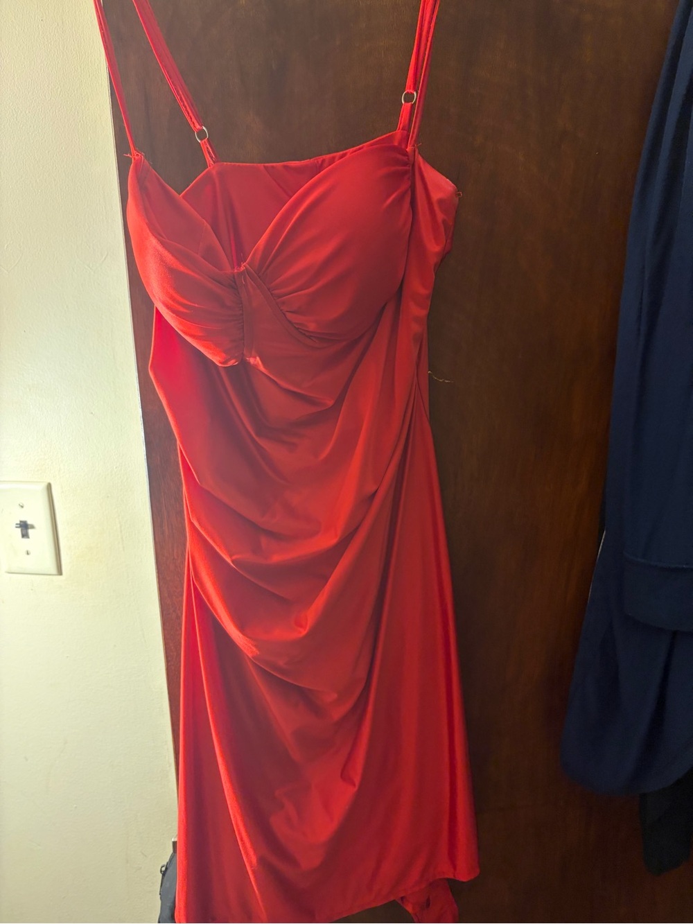 Amazon Essentials Red Ruched Midi Slip Dress with Adjustable Spaghetti Straps